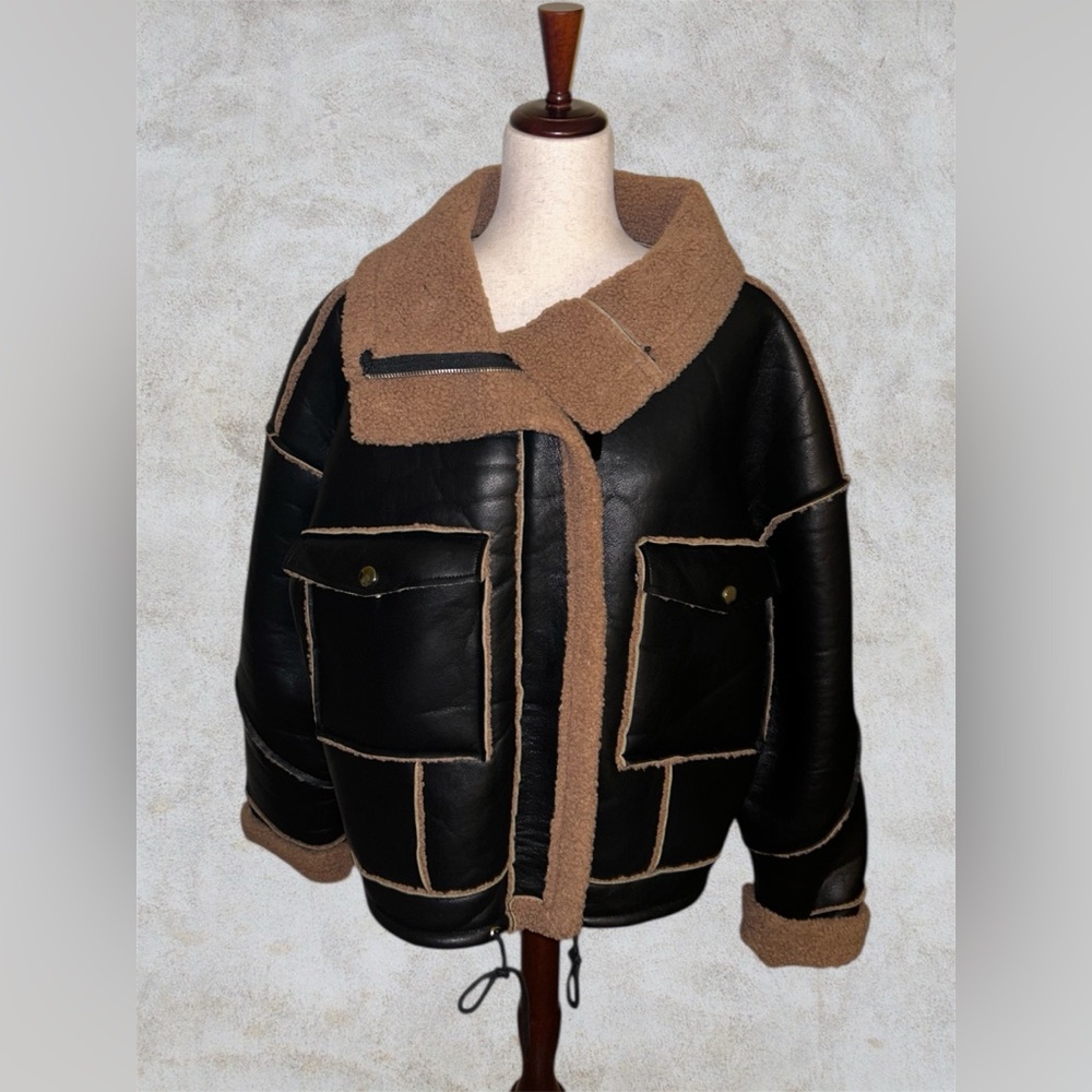 Black Leather Jacket with Brown Faux Lamb Fur